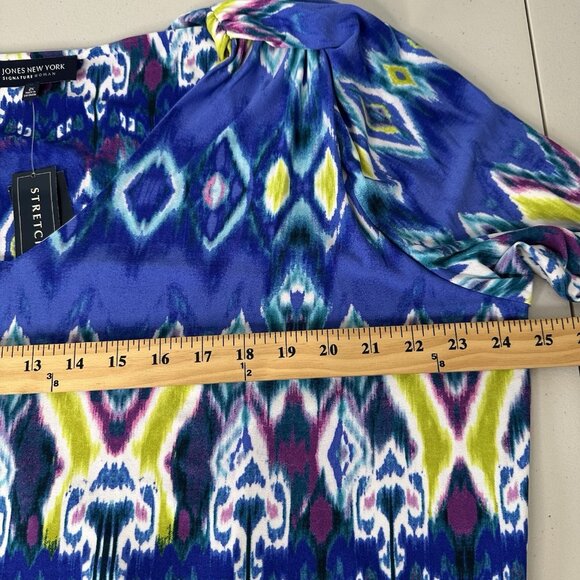 Jones NY Signature Woman Tunic Top 2X Blue Combo Ikat Geometric Stretch - Picture 9 of 13